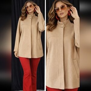 DESIGNER STYLE OVERSIZED WOOL COCOON COAT BEIGE MINIMALIST CHIC SIZE S